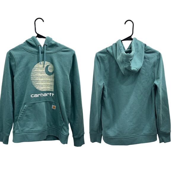 Carhartt Rain Defender Relaxed Fit Midweight Logo Graphic Hoodie Teal Workwear - Picture 1 of 8